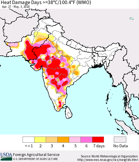 Southern Asia Heat Damage Days >=38°C/100.4°F (WMO) Thematic Map For 4/27/2020 - 5/3/2020