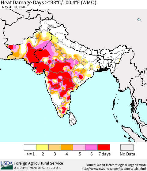 Southern Asia Heat Damage Days >=38°C/100°F (WMO) Thematic Map For 5/4/2020 - 5/10/2020