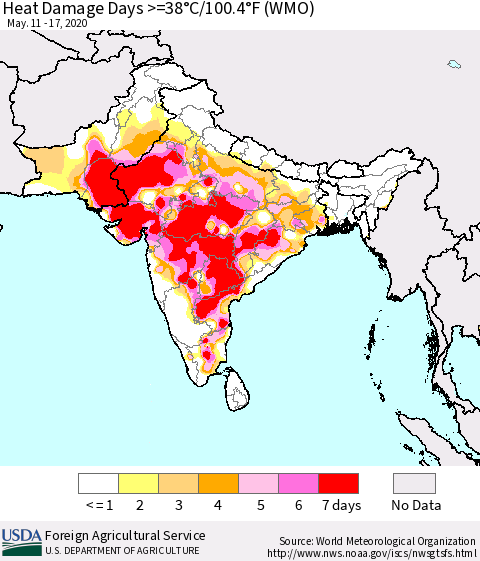 Southern Asia Heat Damage Days >=38°C/100°F (WMO) Thematic Map For 5/11/2020 - 5/17/2020