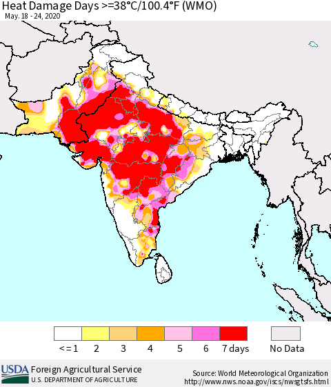 Southern Asia Heat Damage Days >=38°C/100°F (WMO) Thematic Map For 5/18/2020 - 5/24/2020