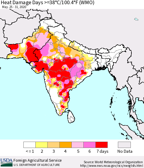 Southern Asia Heat Damage Days >=38°C/100°F (WMO) Thematic Map For 5/25/2020 - 5/31/2020