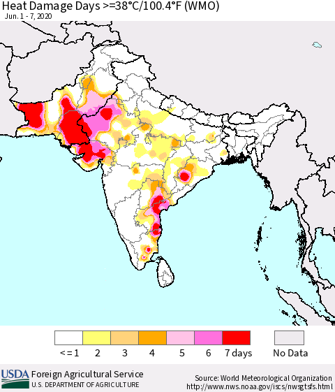Southern Asia Heat Damage Days >=38°C/100°F (WMO) Thematic Map For 6/1/2020 - 6/7/2020