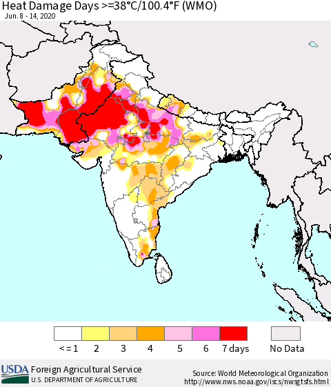 Southern Asia Heat Damage Days >=38°C/100°F (WMO) Thematic Map For 6/8/2020 - 6/14/2020