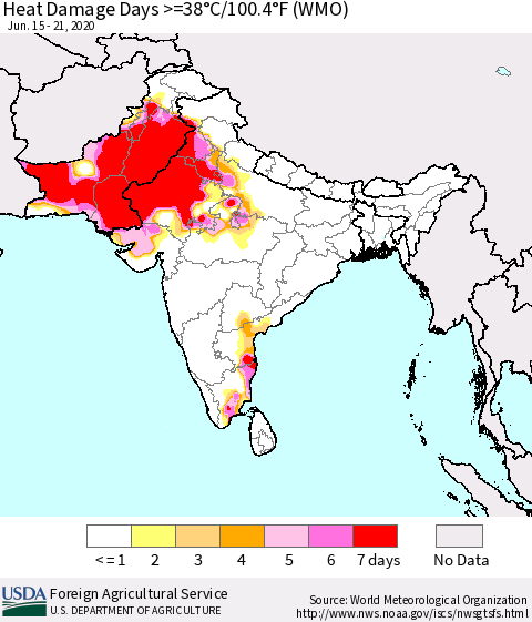Southern Asia Heat Damage Days >=38°C/100°F (WMO) Thematic Map For 6/15/2020 - 6/21/2020