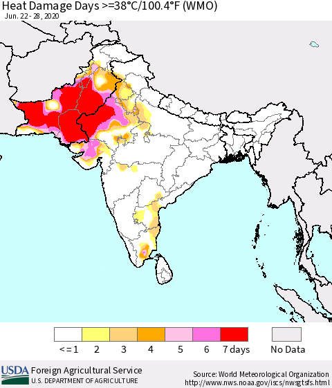 Southern Asia Heat Damage Days >=38°C/100°F (WMO) Thematic Map For 6/22/2020 - 6/28/2020