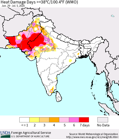 Southern Asia Heat Damage Days >=38°C/100.4°F (WMO) Thematic Map For 6/29/2020 - 7/5/2020