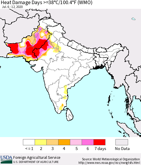 Southern Asia Heat Damage Days >=38°C/100.4°F (WMO) Thematic Map For 7/6/2020 - 7/12/2020