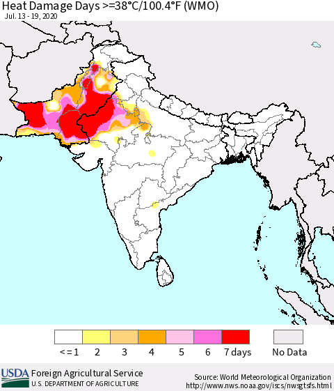 Southern Asia Heat Damage Days >=38°C/100°F (WMO) Thematic Map For 7/13/2020 - 7/19/2020
