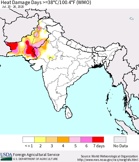 Southern Asia Heat Damage Days >=38°C/100°F (WMO) Thematic Map For 7/20/2020 - 7/26/2020