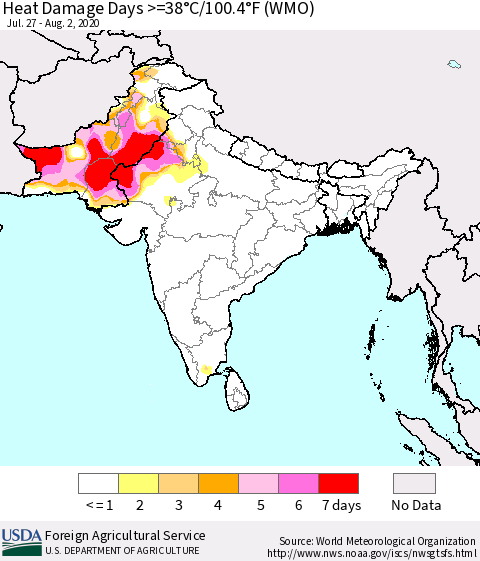 Southern Asia Heat Damage Days >=38°C/100°F (WMO) Thematic Map For 7/27/2020 - 8/2/2020