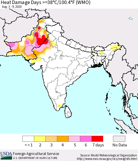Southern Asia Heat Damage Days >=38°C/100°F (WMO) Thematic Map For 8/3/2020 - 8/9/2020