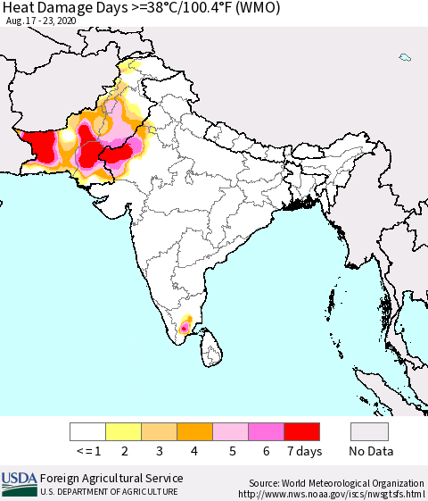Southern Asia Heat Damage Days >=38°C/100°F (WMO) Thematic Map For 8/17/2020 - 8/23/2020