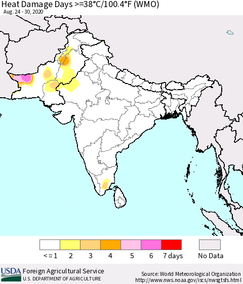 Southern Asia Heat Damage Days >=38°C/100°F (WMO) Thematic Map For 8/24/2020 - 8/30/2020