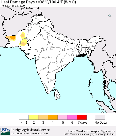 Southern Asia Heat Damage Days >=38°C/100.4°F (WMO) Thematic Map For 8/31/2020 - 9/6/2020