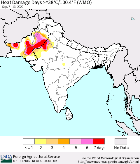 Southern Asia Heat Damage Days >=38°C/100°F (WMO) Thematic Map For 9/7/2020 - 9/13/2020
