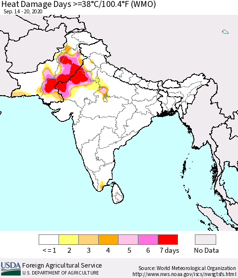 Southern Asia Heat Damage Days >=38°C/100.4°F (WMO) Thematic Map For 9/14/2020 - 9/20/2020