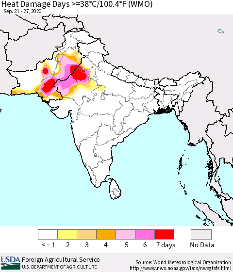 Southern Asia Heat Damage Days >=38°C/100.4°F (WMO) Thematic Map For 9/21/2020 - 9/27/2020
