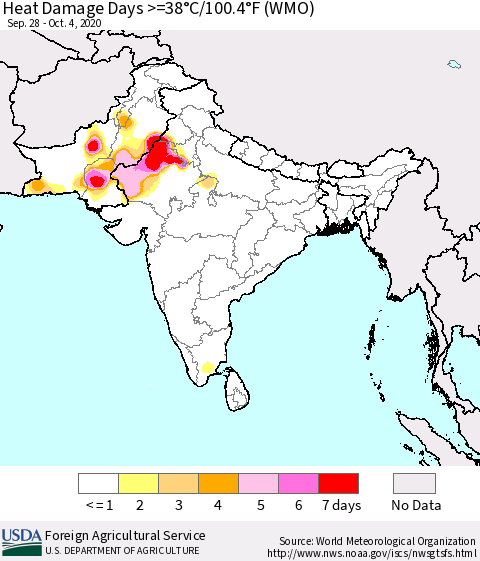 Southern Asia Heat Damage Days >=38°C/100°F (WMO) Thematic Map For 9/28/2020 - 10/4/2020