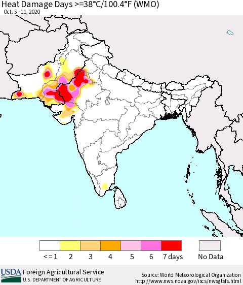 Southern Asia Heat Damage Days >=38°C/100°F (WMO) Thematic Map For 10/5/2020 - 10/11/2020