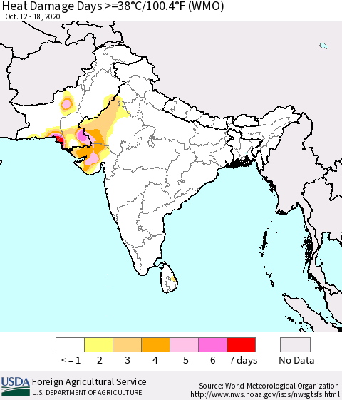 Southern Asia Heat Damage Days >=38°C/100.4°F (WMO) Thematic Map For 10/12/2020 - 10/18/2020