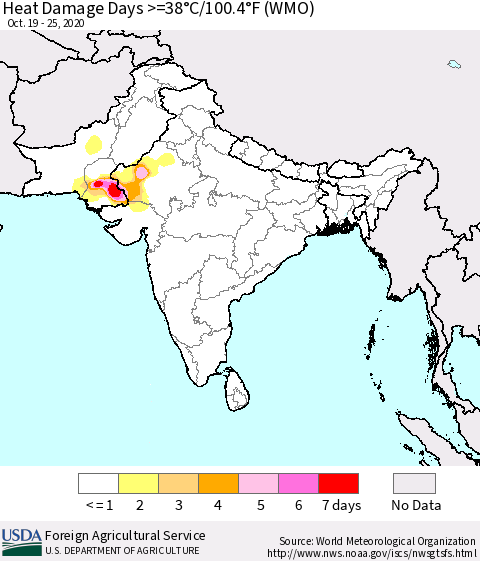 Southern Asia Heat Damage Days >=38°C/100.4°F (WMO) Thematic Map For 10/19/2020 - 10/25/2020