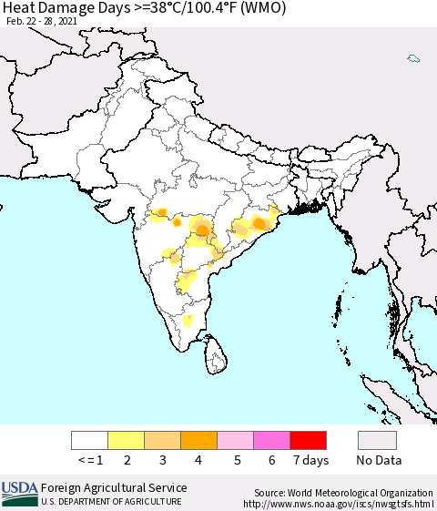 Southern Asia Heat Damage Days >=38°C/100°F (WMO) Thematic Map For 2/22/2021 - 2/28/2021