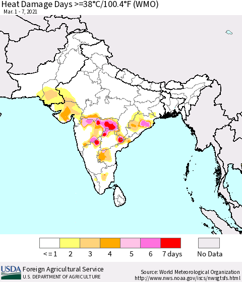 Southern Asia Heat Damage Days >=38°C/100°F (WMO) Thematic Map For 3/1/2021 - 3/7/2021