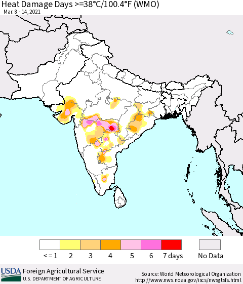 Southern Asia Heat Damage Days >=38°C/100°F (WMO) Thematic Map For 3/8/2021 - 3/14/2021