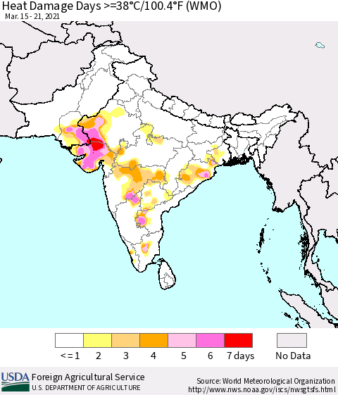 Southern Asia Heat Damage Days >=38°C/100°F (WMO) Thematic Map For 3/15/2021 - 3/21/2021