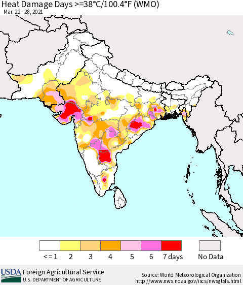 Southern Asia Heat Damage Days >=38°C/100°F (WMO) Thematic Map For 3/22/2021 - 3/28/2021