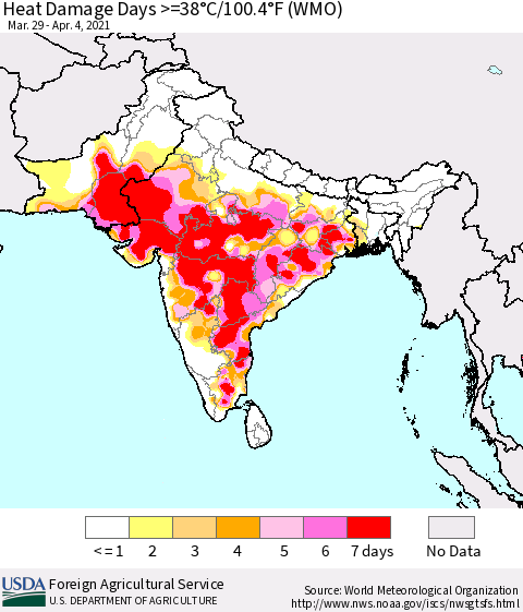 Southern Asia Heat Damage Days >=38°C/100°F (WMO) Thematic Map For 3/29/2021 - 4/4/2021