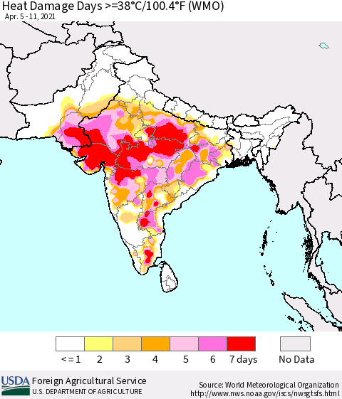 Southern Asia Heat Damage Days >=38°C/100°F (WMO) Thematic Map For 4/5/2021 - 4/11/2021
