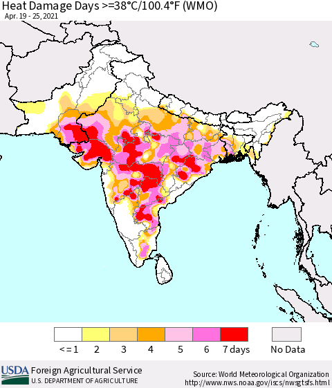 Southern Asia Heat Damage Days >=38°C/100°F (WMO) Thematic Map For 4/19/2021 - 4/25/2021