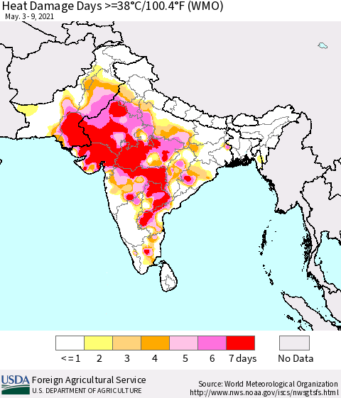Southern Asia Heat Damage Days >=38°C/100°F (WMO) Thematic Map For 5/3/2021 - 5/9/2021