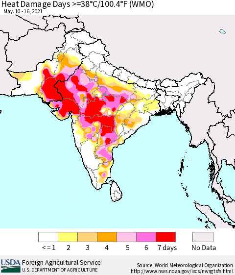 Southern Asia Heat Damage Days >=38°C/100.4°F (WMO) Thematic Map For 5/10/2021 - 5/16/2021