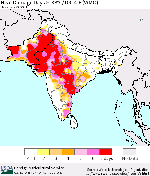 Southern Asia Heat Damage Days >=38°C/100.4°F (WMO) Thematic Map For 5/24/2021 - 5/30/2021