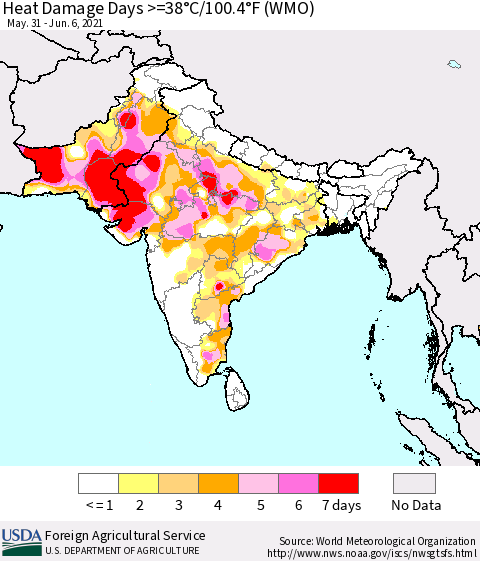 Southern Asia Heat Damage Days >=38°C/100°F (WMO) Thematic Map For 5/31/2021 - 6/6/2021