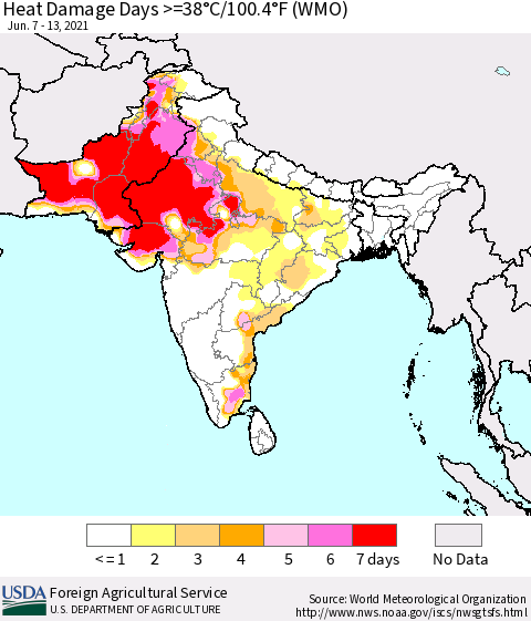 Southern Asia Heat Damage Days >=38°C/100.4°F (WMO) Thematic Map For 6/7/2021 - 6/13/2021