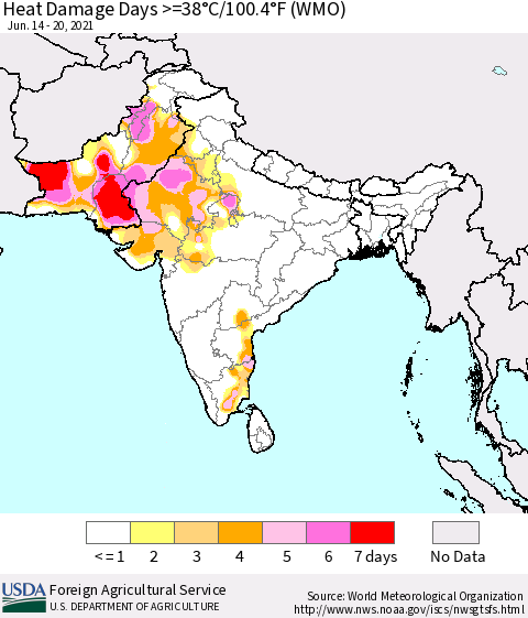 Southern Asia Heat Damage Days >=38°C/100.4°F (WMO) Thematic Map For 6/14/2021 - 6/20/2021