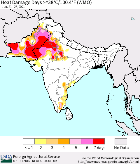 Southern Asia Heat Damage Days >=38°C/100°F (WMO) Thematic Map For 6/21/2021 - 6/27/2021