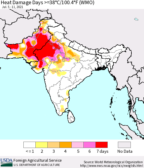 Southern Asia Heat Damage Days >=38°C/100.4°F (WMO) Thematic Map For 7/5/2021 - 7/11/2021