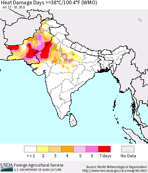 Southern Asia Heat Damage Days >=38°C/100.4°F (WMO) Thematic Map For 7/12/2021 - 7/18/2021