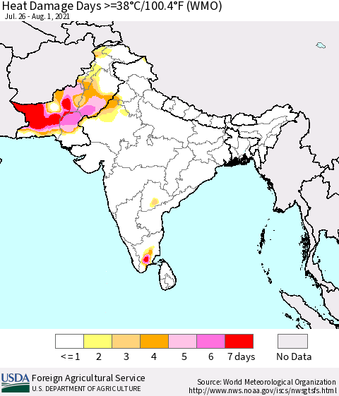 Southern Asia Heat Damage Days >=38°C/100°F (WMO) Thematic Map For 7/26/2021 - 8/1/2021