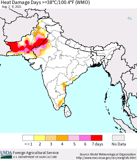 Southern Asia Heat Damage Days >=38°C/100.4°F (WMO) Thematic Map For 8/2/2021 - 8/8/2021