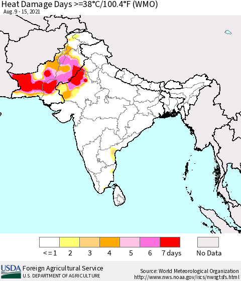 Southern Asia Heat Damage Days >=38°C/100.4°F (WMO) Thematic Map For 8/9/2021 - 8/15/2021