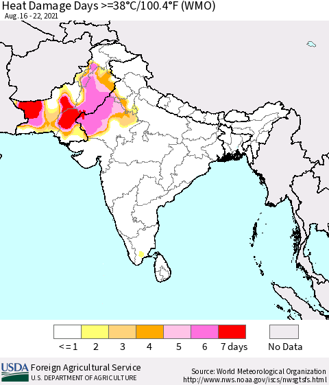 Southern Asia Heat Damage Days >=38°C/100.4°F (WMO) Thematic Map For 8/16/2021 - 8/22/2021