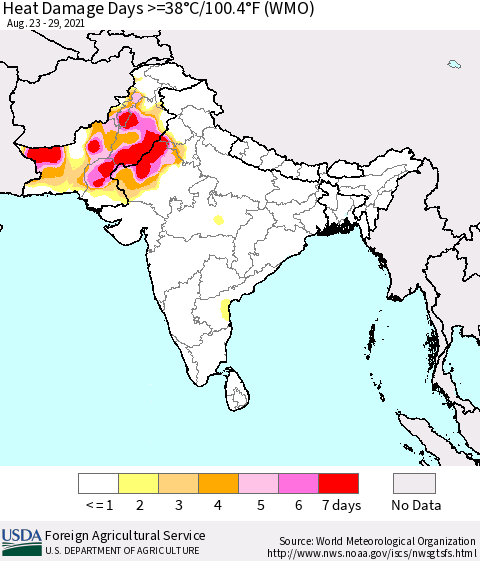 Southern Asia Heat Damage Days >=38°C/100°F (WMO) Thematic Map For 8/23/2021 - 8/29/2021