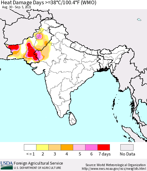 Southern Asia Heat Damage Days >=38°C/100°F (WMO) Thematic Map For 8/30/2021 - 9/5/2021