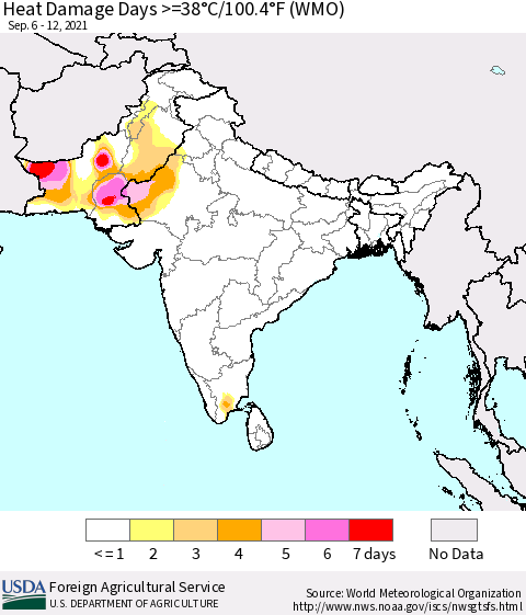 Southern Asia Heat Damage Days >=38°C/100.4°F (WMO) Thematic Map For 9/6/2021 - 9/12/2021