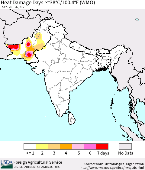 Southern Asia Heat Damage Days >=38°C/100°F (WMO) Thematic Map For 9/20/2021 - 9/26/2021